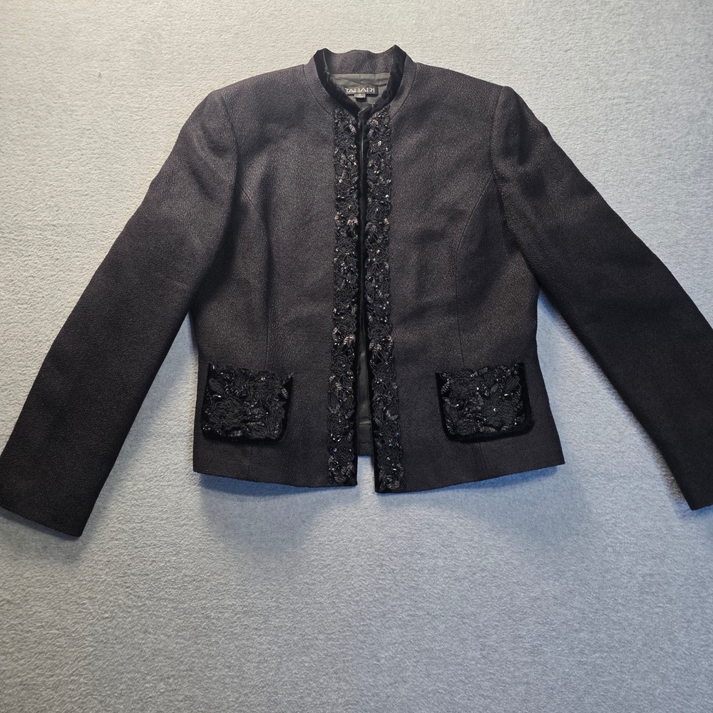 Tahari Beaded Trim Blazer Women Black Size 12 Wool Silk Blend Jacket Embroidered